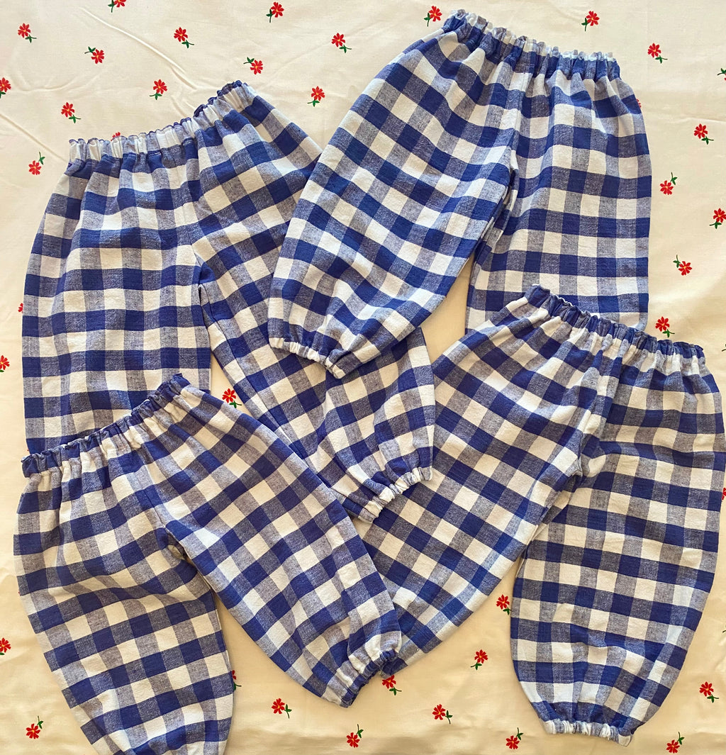 indigo gingham balloon pants