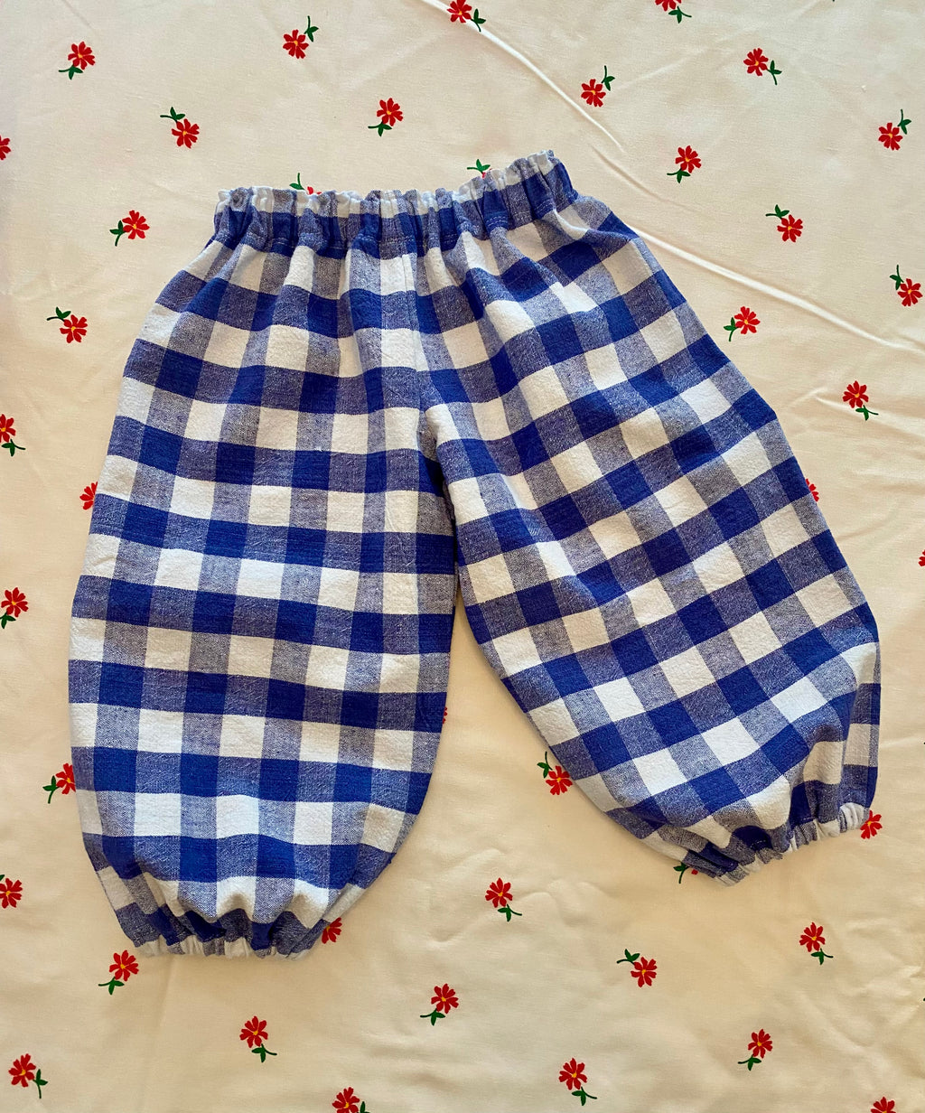 indigo gingham balloon pants
